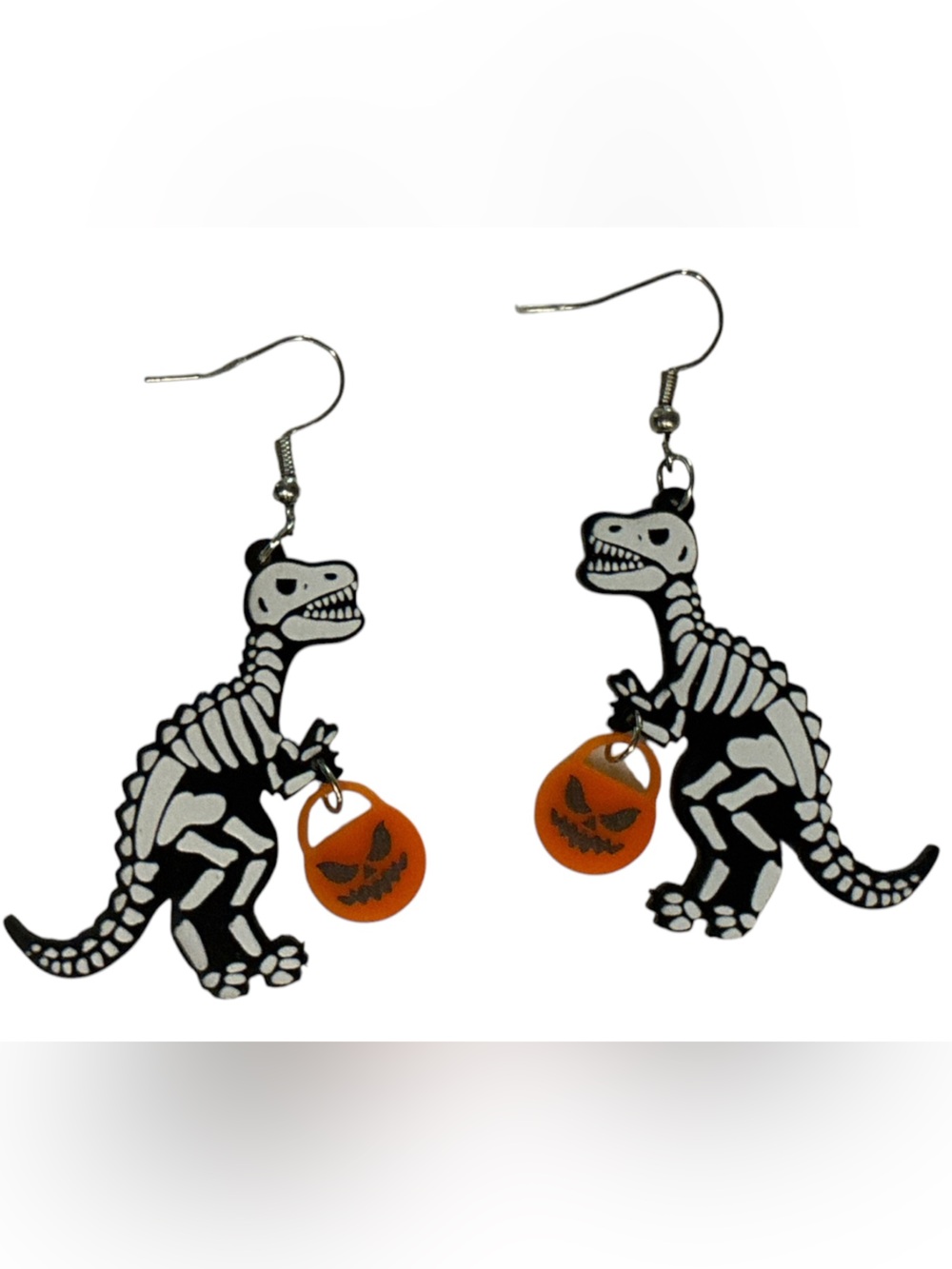 Skelton Dinosaur Jack O Lantern Dangle Earrings